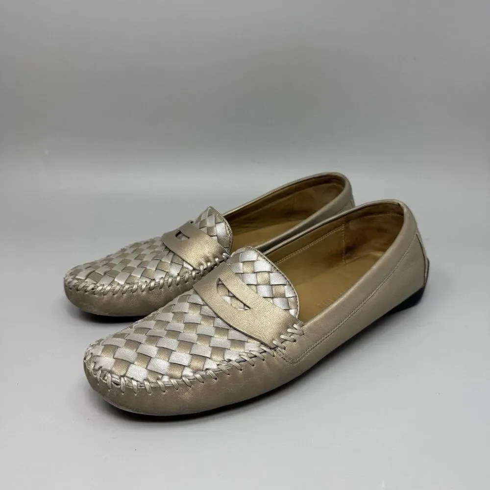 Robert Zur Petra Women Size 10.5 Bronze Silver Woven Leather Slip On Loafer